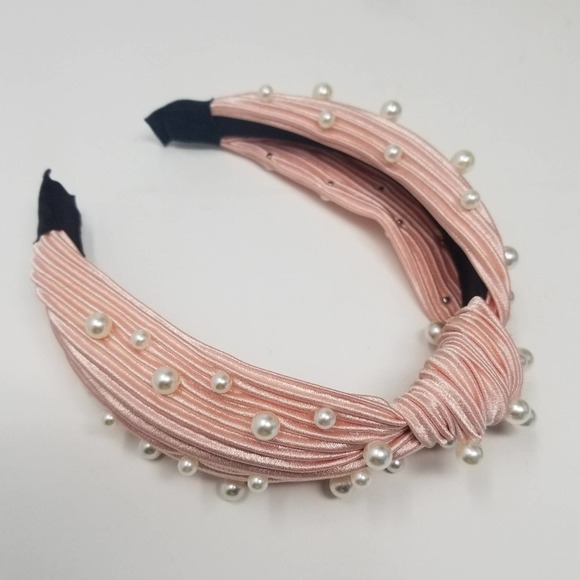 Blush Pearl Knot Pleated Silk Headband Crown Headpiece - Picture 9 of 9